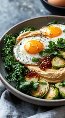 Sunny side up eggs with hummus and kale on a plate