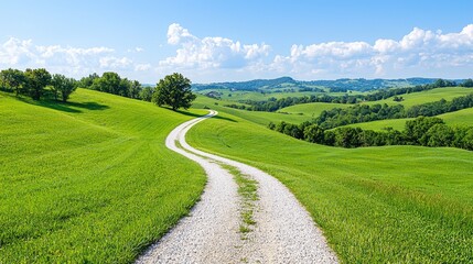 Winding road through idyllic green hills, sunny day, scenic countryside landscape, perfect for travel brochures