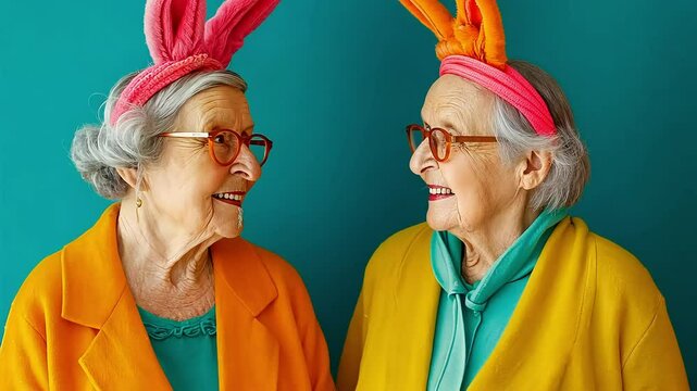 joyful seniors in colorful fashion share laughter and friendship through playful moments