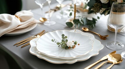 Fototapeta premium Elegant table setting with white plates and gold cutlery for a sophisticated dining experience