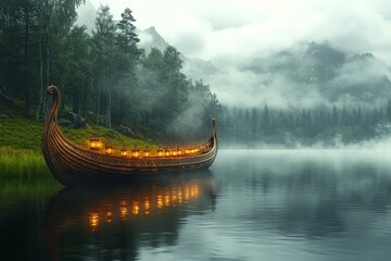Viking longboat floating along a misty forest lake, surrounded by fog, dark clouds, and lanterns, with wooden arch design, green grass, and trees.