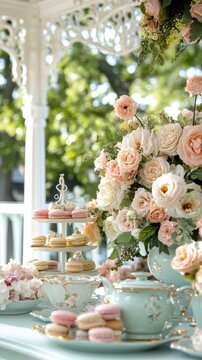 Elegant outdoor tea party with floral decor and macarons