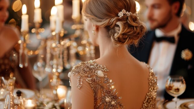 Elegant evening gala with young caucasian female in beaded gown and candlelit ambiance