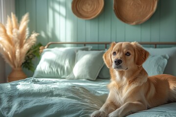 Vintage-inspired metal bed frame in an elegant pastel green bedroom with soft lighting, plush bedding, and a small dog on the floor. Natural wooden flooring, woven matting, and pampas grass vases comp
