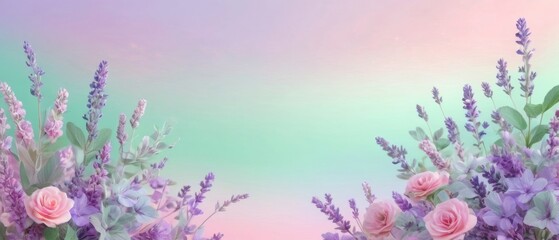 Obraz premium A soft pastel aesthetic background with gentle gradients of pink, lavender, and mint green, adorned with subtle floral patterns and a dreamy, ethereal glow
