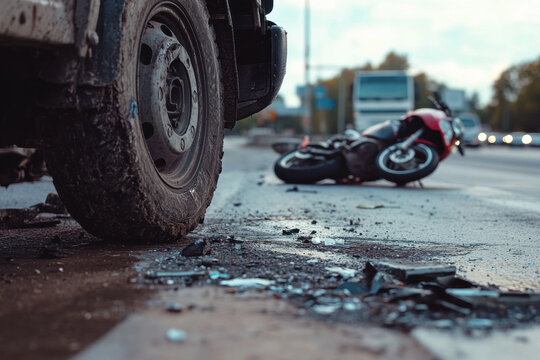 A truck jackknifed on a highway with a motorcycle wreck nearby