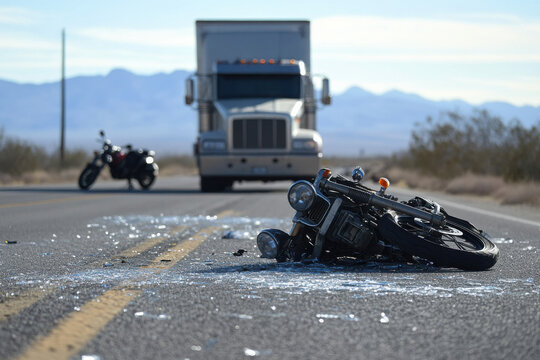 A truck jackknifed on a highway with a motorcycle wreck nearby