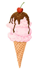 Strawberry ice-cream cone png sticker, transparent background