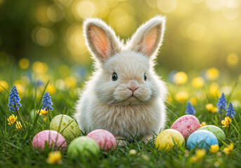 cute easter bunny among painted eggs for easter holiday . Generative AI