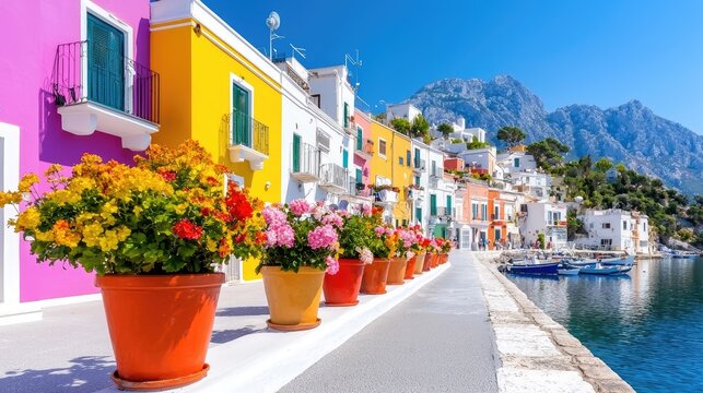 Colorful Italian coastal village, harbor view, flowers, sunny day, travel postcard