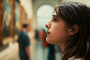 Young Woman Admiring Art in Museum Gallery, CloseUp Side Profile