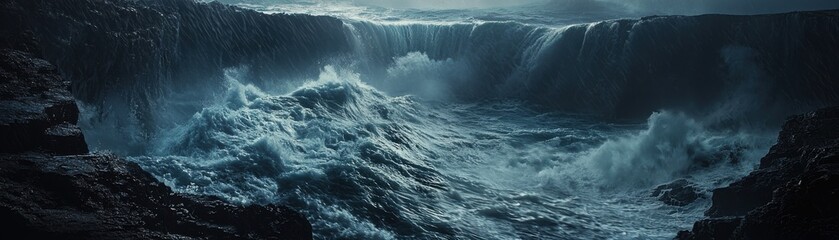 Naklejka premium A dramatic seascape featuring powerful waves crashing against rocky coastlines under a twilight sky, evoking a sense of awe and nature's force.