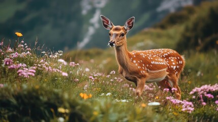 Closeup of a young deer in a field of wildflowers.