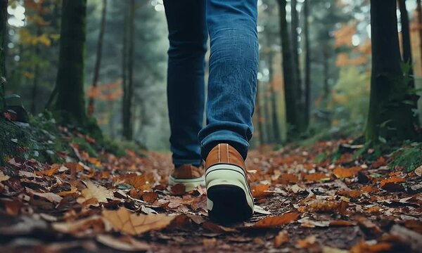 Autumn forest walk, leaves, path, shoes, nature, tranquility
