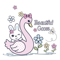 Beautiful swan playing with cute little animal friend in peaceful nature setting
