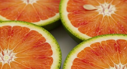A close-up of a sliced orange with a green-tinged peel, revealing a juicy, segmented interior