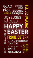 Vertical illustration of Happy Easter message in different languages - keywords cloud with white and yellow text on dark background - vacation concept.