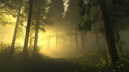 Fototapeta premium Sunlight streaming through dense foggy forest trees illuminating the woodland floor