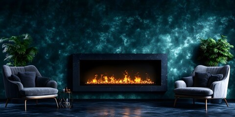A cozy room with two elegant armchairs, a modern fireplace, and two leafy plants against a deep teal wall. Concept Cozy Interior Design, Elegant Armchairs, Modern Fireplace, Leafy Plants