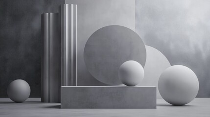 Minimalist geometric composition with grayscale spheres and cylinders