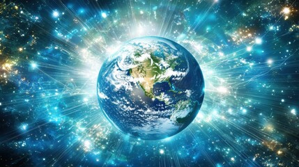 Fototapeta premium A stunning depiction of Earth surrounded by luminous stars and cosmic energy, highlighting the beauty and fragility of our planet in the universe.