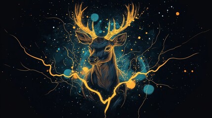 Naklejka premium Majestic deer surrounded by electric energy forest digital art night creative concept