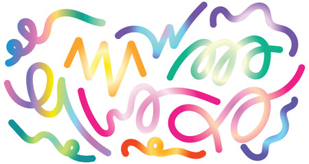 Set of Abstract Lines with Gradient texture.  Wavy Color Shape Vector Graphic Design. Dynamic Geometric Pattern. Background with Color Waves. Illustration of Squiggle Rainbow Ribbons.
