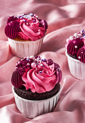 Lovely cupcakes with pink rose icing on soft silk fabric background. Traditional American sweet baked dessert. Romantic concept. St. Valentine’s gift. Closeup, selective focus, vertical orientation