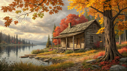 The autumn scene depicts a cozy wooden hut located on the shore of a calm lake. Around the house are trees with golden and bright red leaves.
