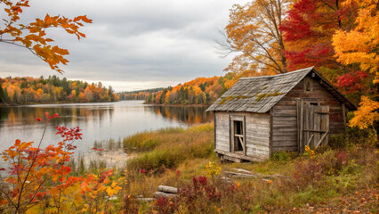 Obraz premium The autumn scene depicts a cozy wooden hut located on the shore of a calm lake. Around the house are trees with golden and bright red leaves.