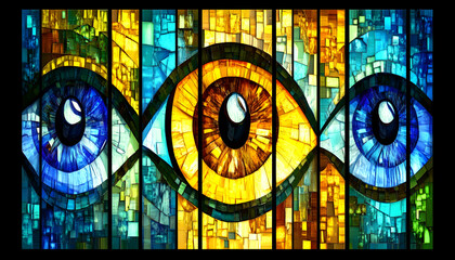 Vibrant stained-glass artwork depicting three stylized eyes in blue and gold hues, symbolizing vision, perception, and insight.  Perfect for spiritual, artistic, or design-related projects.