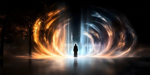 Fototapeta premium A mysterious figure stands before a swirling portal of orange and blue light, revealing a distant, fantastical city beyond. Concept Mysterious Figure, Swirling Portal, Orange and Blue Light