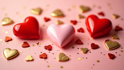 Obraz premium Valentine's Day Red and Pink Heart Candies with Gold Sprinkles on Pink Background
