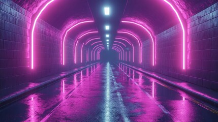 Pink neon tunnel, wet road, city, night, 3D render, background