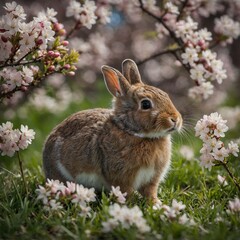 Fototapeta premium A baby rabbit peeking through springtime blossoms.