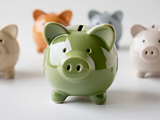 Fototapeta premium Decorative piggy banks arranged on a neutral background