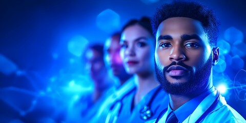 A diverse group of healthcare professionals in scrubs, with a focus on a man in the foreground, set against a blue background. Concept Diverse Healthcare Team, Professional Scrubs, Blue Background
