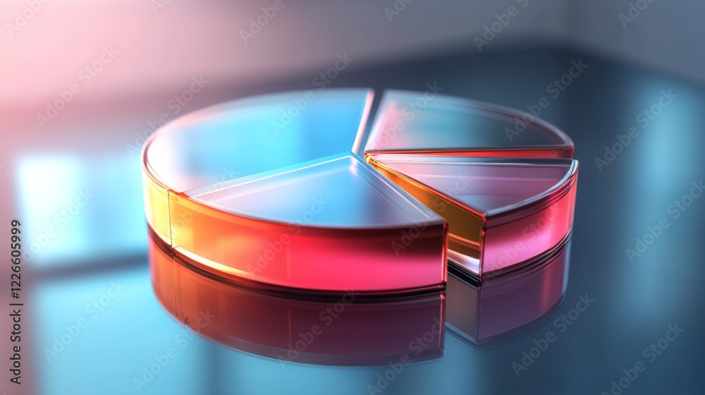 Poster d pie chart with translucent glass segments, glowing edges, and soft shadows on a reflective surface