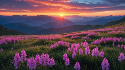 Mountain Meadow at Sunrise with Vibrant Wildflowers