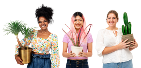 Png happy plant ladies mockup with potted houseplant