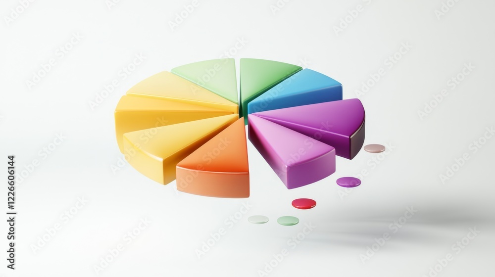 Aufkleber d pie chart with vibrant segments floating in mid-air, set against a white minimalist background