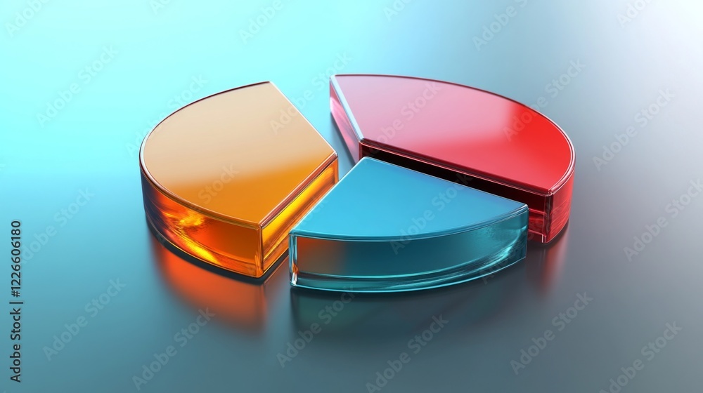Aufkleber d pie chart with translucent glass segments, glowing edges, and soft shadows on a reflective surface