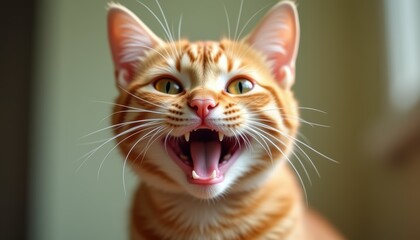 Naklejka premium Ginger kitty smiling with a funny expression, Animal has a playful personality.