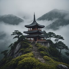 Naklejka premium A pagoda on a misty mountaintop.