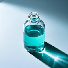 A bottle of water and a bottle of perfume placed next to each other, featuring clear, transparent bottles with clean liquid inside, emphasizing freshness and hydration