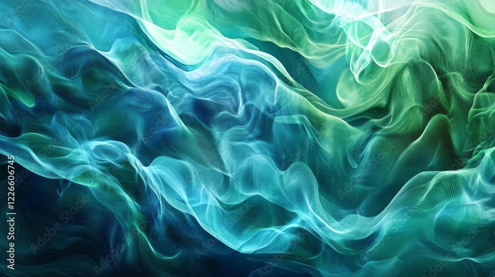 Poster abstract digital waves in shades of blue and green, representing data flow and technology