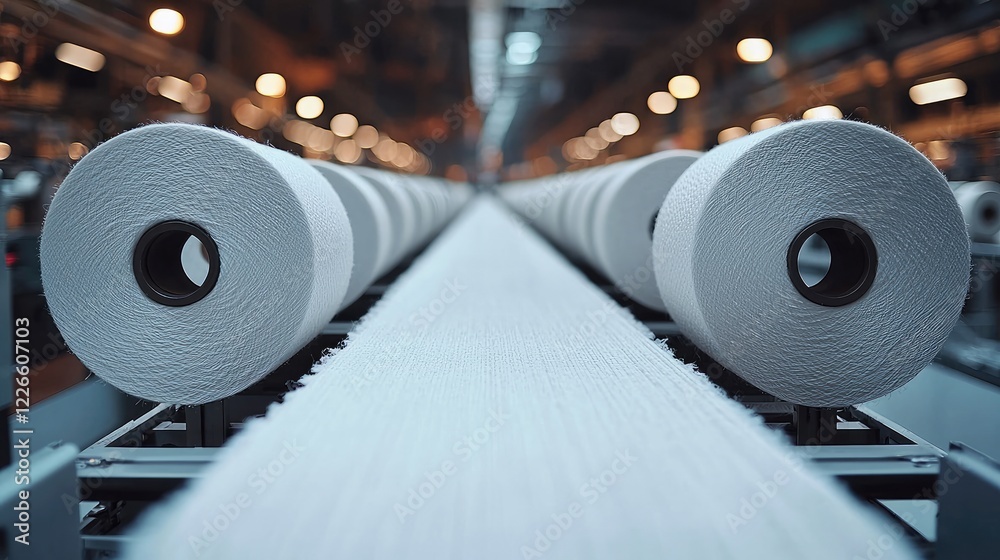 Poster a textile production line at factory, focusing on the fibers from cotton spools.