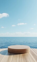 Obraz premium Minimalist wooden platform overlooking calm ocean and clear sky