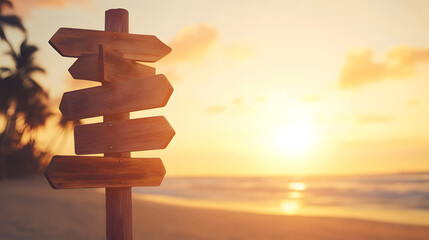 A wooden signpost with empty directional signs stands alone on a deserted tropical beach. The golden sunset illuminates the palm trees in the distance, and gentle ocean waves reflect the fiery hues