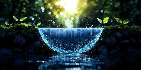 Fototapeta premium A serene waterfall flowing over a curved edge, surrounded by lush greenery and sparkling water droplets in a forest setting. Concept Serene Waterfall, Lush Greenery, Sparkling Water Droplets